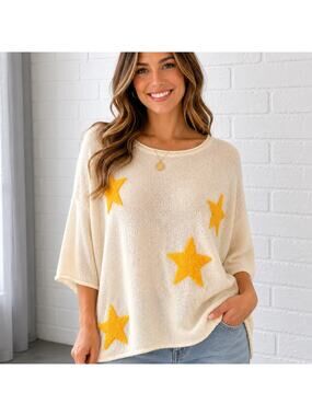 Promesa Sweater L Cream Yellow Star Applique Lightweight Knit Oversized Boho Top